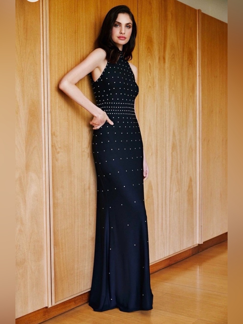 Tadashi Valeria Dress Gown in Jersey Black studded xxs
